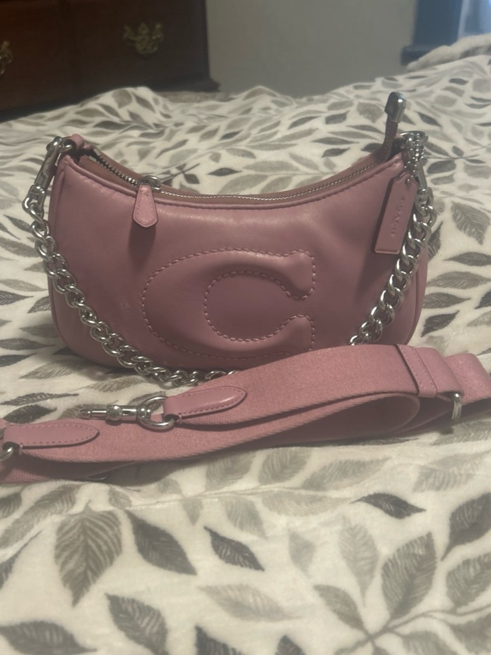 Coach Dusty Pink Leather Shoulder Bag with Chain and Canvas Strap